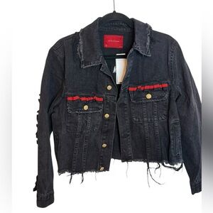 Nwt Signature8 Black Denim Ribbon Trim Distressed Jacket